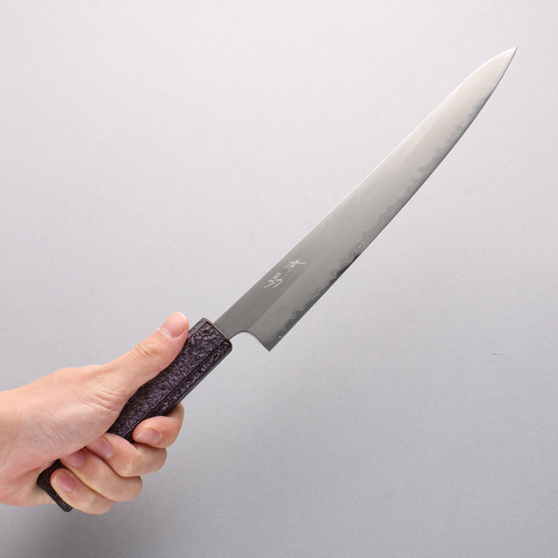 Seisuke Acero Blanco No.1 Terminado Migaki Pulido Sujihiki 240mm Mango de Roble con Lacado morado - Japanny-SP