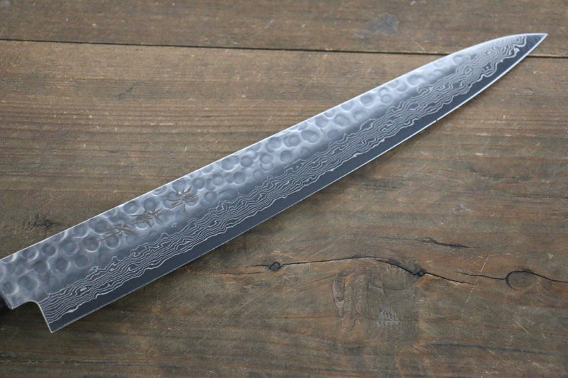 Sakai Takayuki AUS10 Damasco de 45 Capas Martillado Sujihiki  240mm Mango de Laquerado con puntos plateados Con funda - Japanny-SP